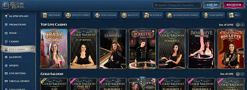 Rich Royal – zrzut ekranu sekcji Top Live Casino z Crazy Time, Lightning Roulette i stołami Gold Saloon