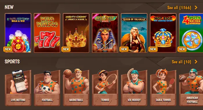 Stone Vegas – zrzut ekranu lobby z nowymi automatami i sekcją zakładów sportowych