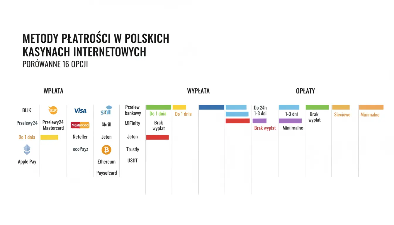 Infografika: metody płatności w kasynach online – szybkość wpłat i wypłat oraz typowe opłaty