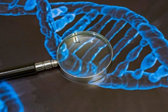 Podświetlona na niebiesko struktura DNA pod lupą