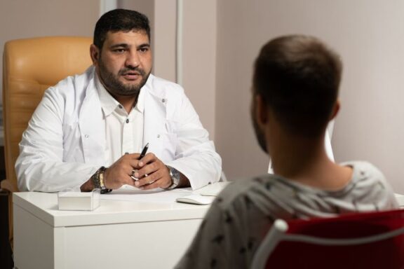 Psychiatra przeprowadzający rozmowę z pacjentem siedzącym naprzeciw biurka.